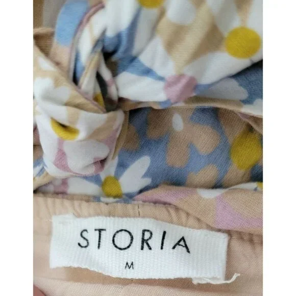 STORIA Floral Puff Sleeve Midi Dress With Back Tie & Tiered Skirt Women's Sz M - Picture 6 of 8